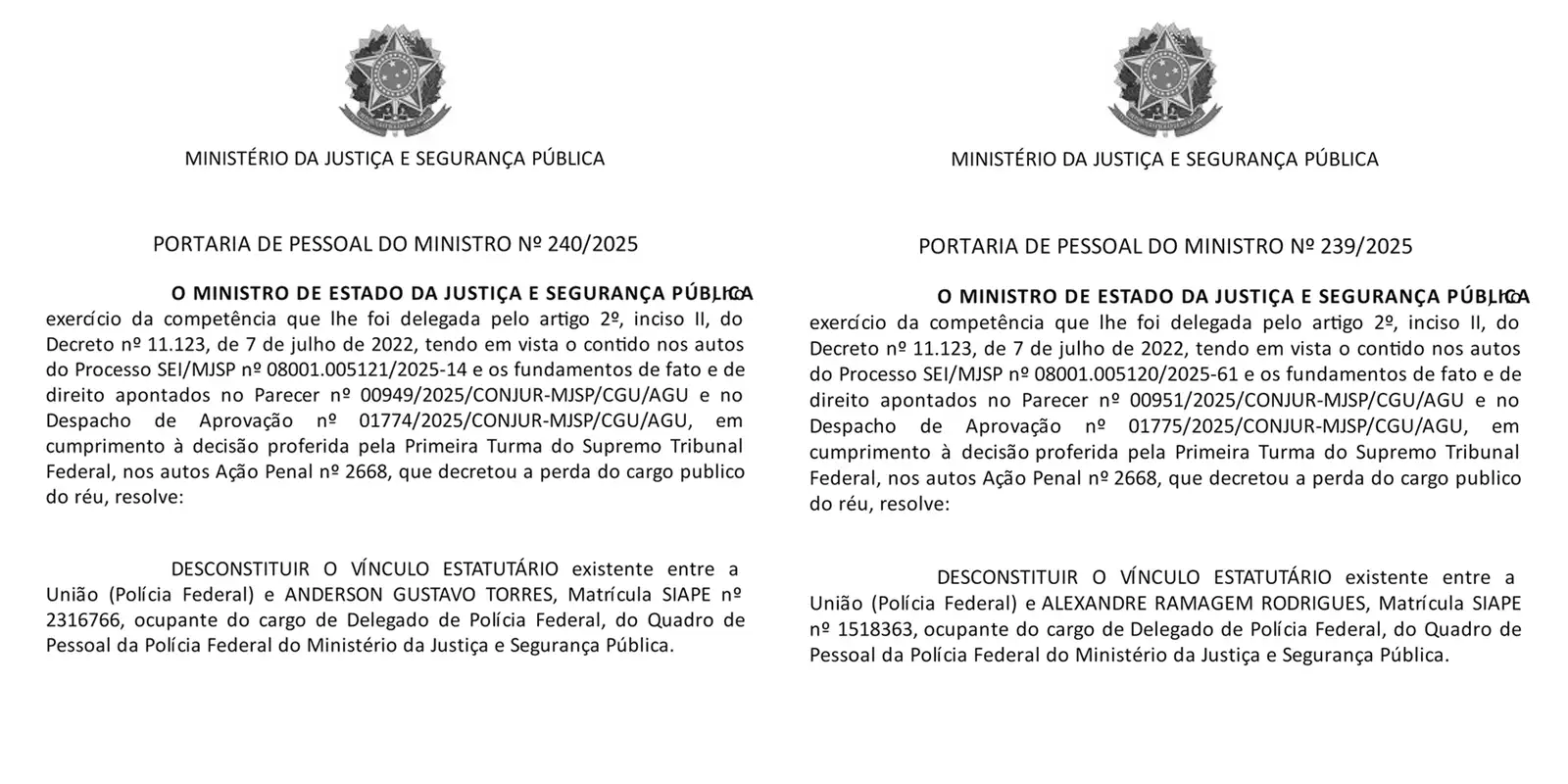 Condenados, Alexandre Ramagem e Anderson Torres são demitidos da PF